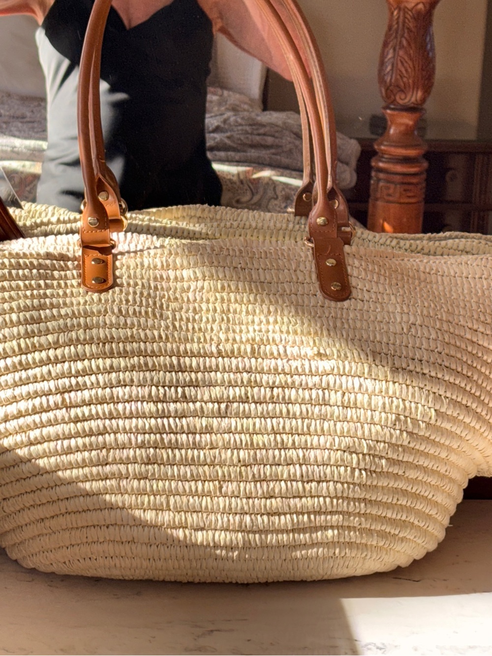 Tommy Bahama Cream Straw Tote with Tan Leather Handles